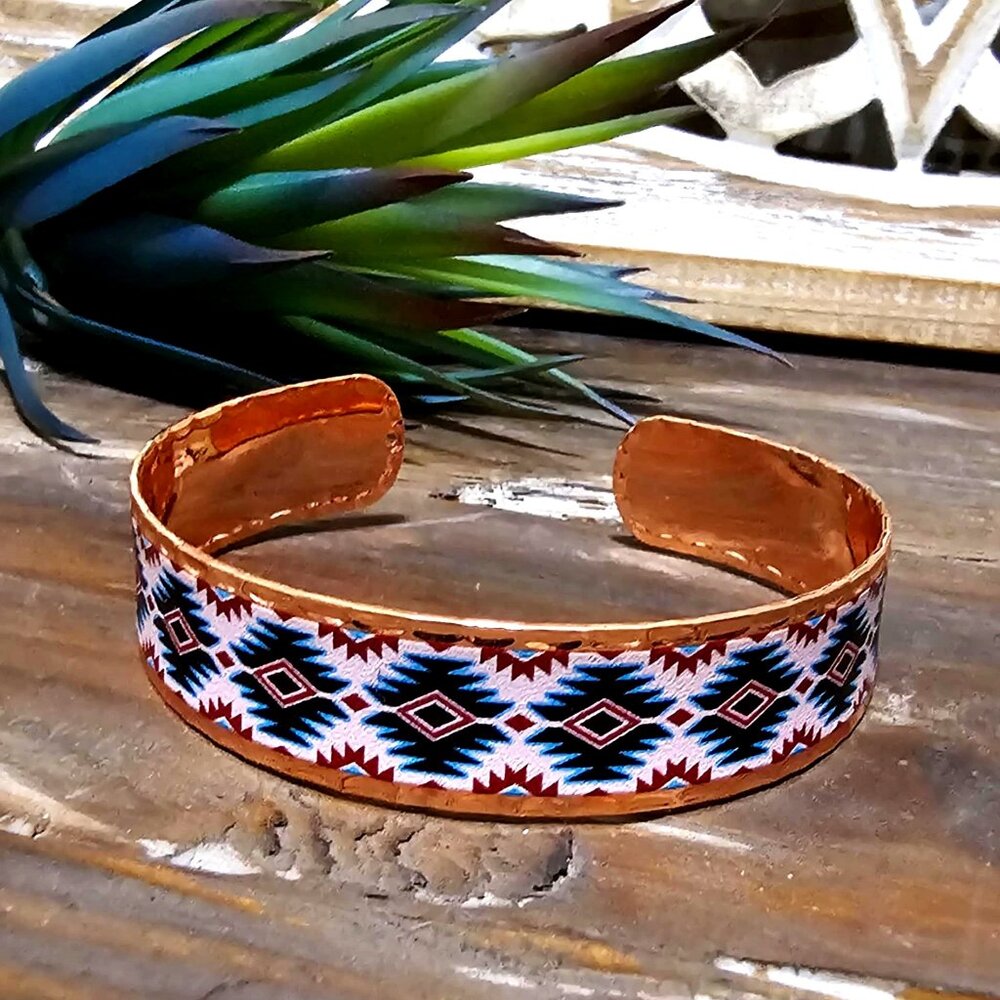 Cuff Bracelet, Copper Turquoise Black Burgundy White Southwestern Aztec Pattern